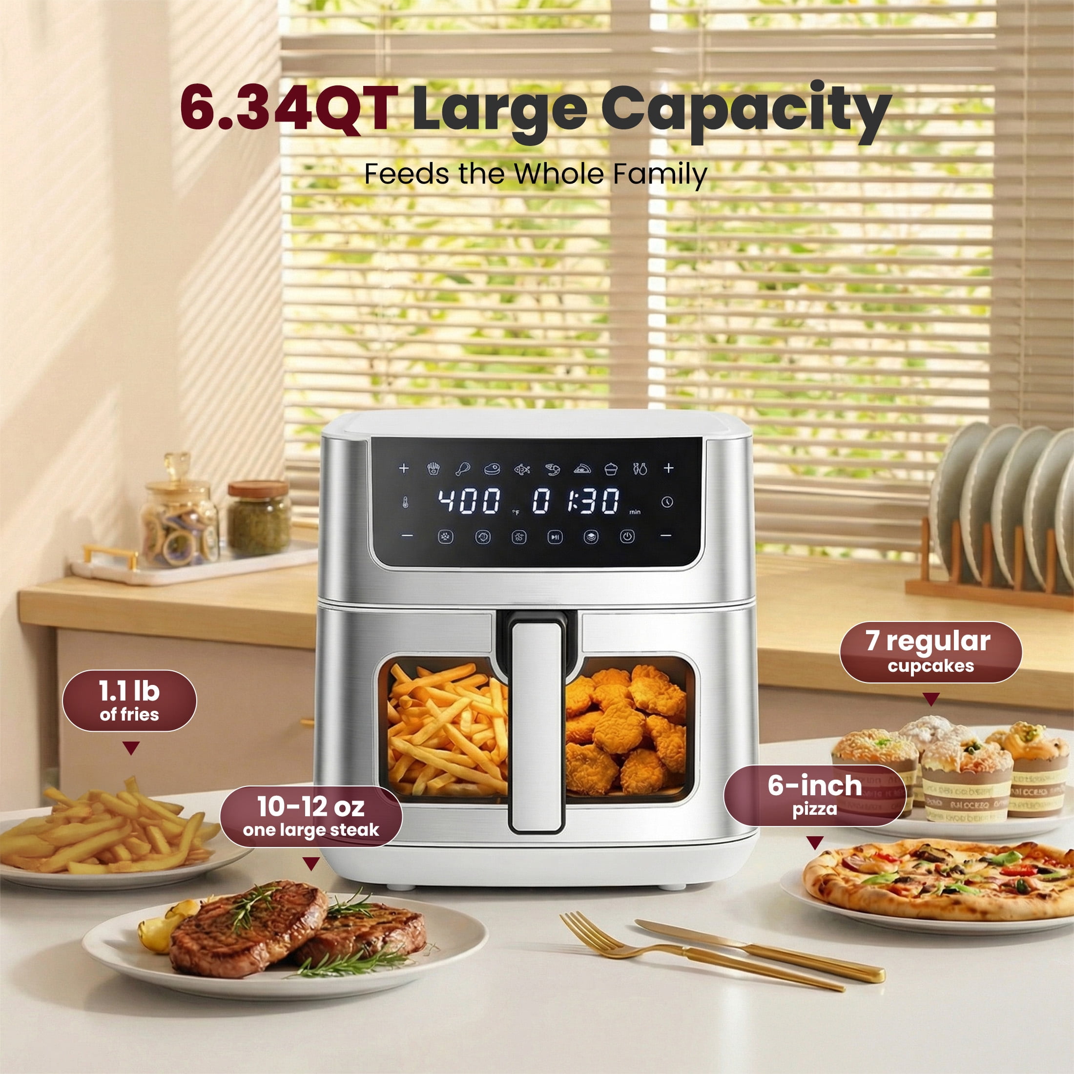 EDX 6QT Stainless Steel Air Fryer with Digital Touchscreen, 1500W, 8 Presets, Dishwasher Safe Basket, 90 Min Timer, 24H Delay Start, White