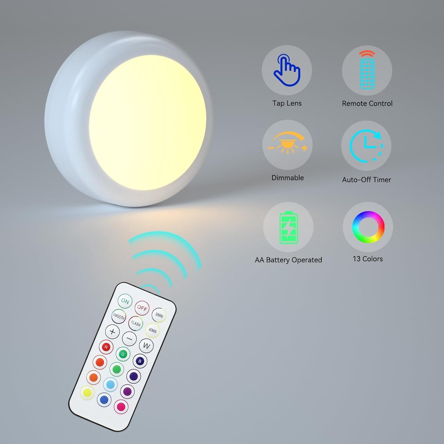JJEAN-Battery Operated LED Push Lights with Wireless Remote, 13 Color RGB - for Closet, Bedroom Wall, Under Cabinet, Battery Powered Puck Lights. Convenient 3M Stick On(Black, 2-Packs)