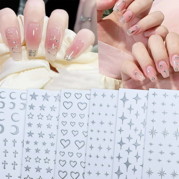 6 Sheets Metallic Mirror Silver Nail Stickers Art Women 3D Star Nail Stickers Decals for Self-Adhesive Charms Butterfly Nail Art Stickers, Gifts Stocking Stuffers for Women