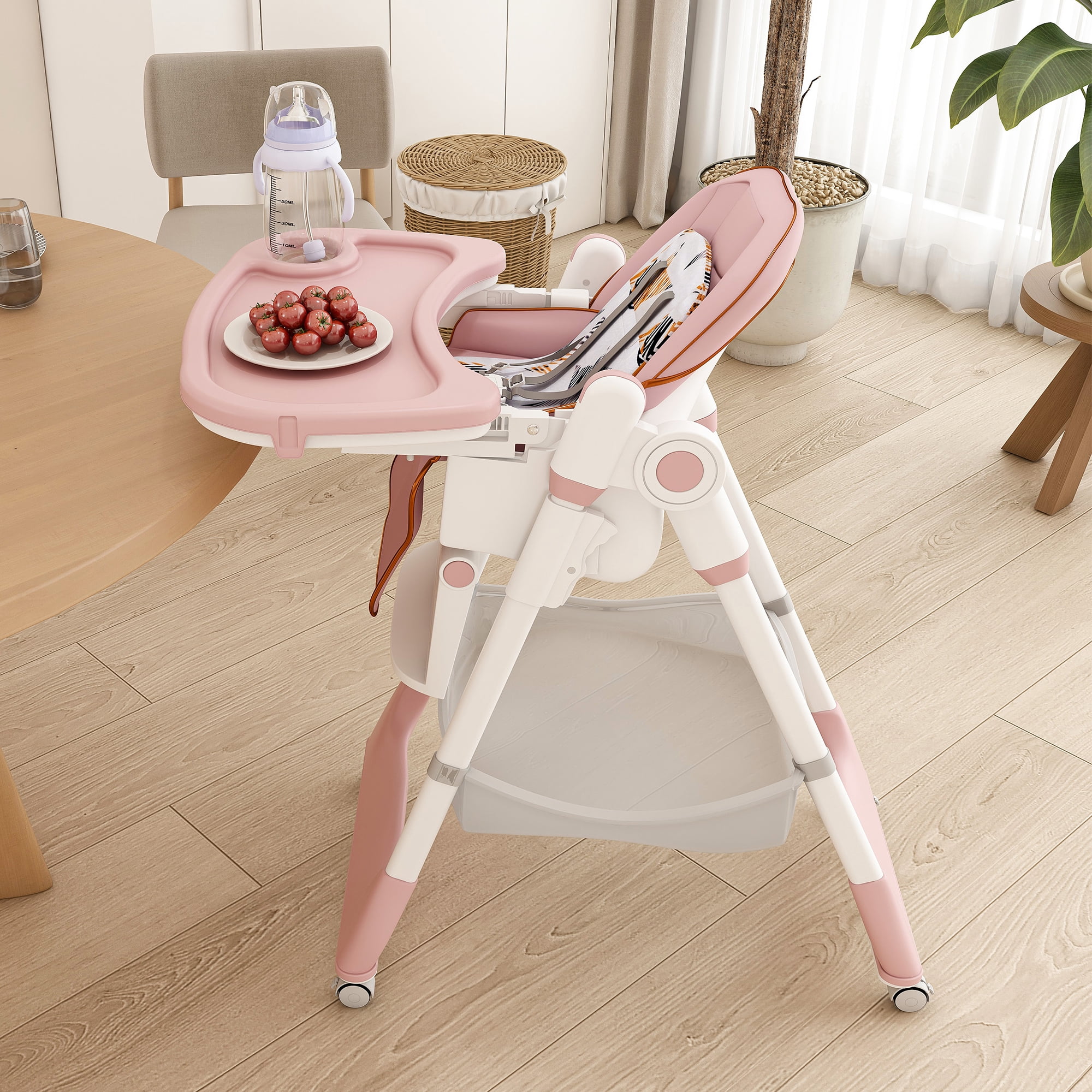 Adjustable Baby High Chair for 0-6 Years, Foldable Infant Feeding Seat with 5-Level Height, 5-Point Safety Belt, Lockable Wheels & Detachable Tray, Easy Clean for Home Use
