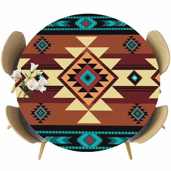 Turquoise Red Fitted Tablecloth with Elastic Edged, Round Table Cloth for Dining Table, Southwest American Native Abstract Pattern Waterproof Oil Proof Table Cover for Indoor Outdoor 45"-54"