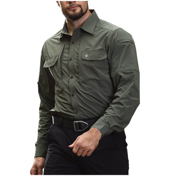 Blusa y camisa de manga larga con cuello vuelto para hombre, estilo casual, de color liso, con botones y bolsillos, de poliéster.