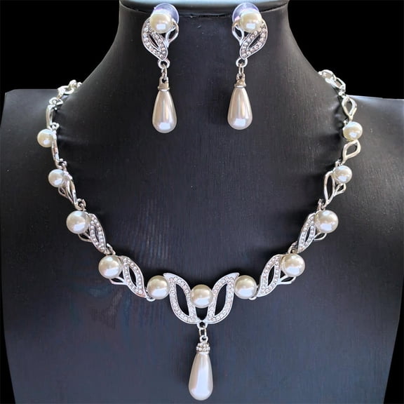 Elegant Women Jewelry Sets Necklace Earring Set Leaf-Shaped Long Teardrop Pearl Pendant Wedding Party Gift Neckchain Accessories