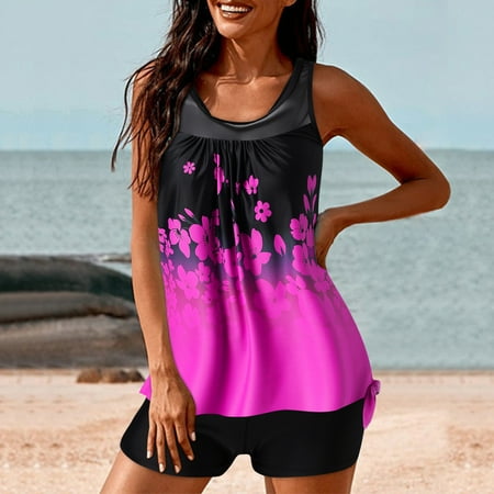 Summer Saving pimelu Bathing Suit for Women Tankini Swimsuits for Women Two Piece Swimsuits Modest Swimsuit with Boyshorts Beach Floral Print High Waist Swim Suit Women s Swimsuits