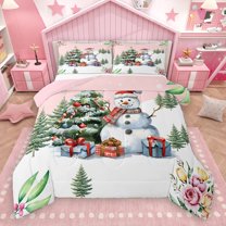 Homewish Cartoon Snowman 3-Piece Full Size Comforter Sets for Kids Children,Merry Christmas Tree Bedding Comforter Set,Happy Xmas Lightweight Bedding Sets,Lightweight Room Decor,Reversible