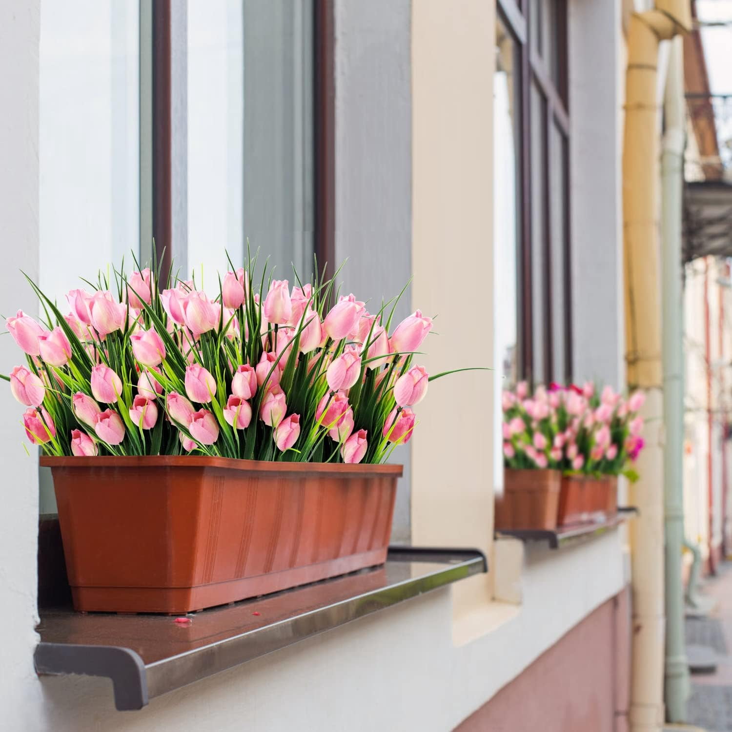 Morttic 8 Pcs Tulips Artificial Flowers for Outdoors, Fake Plants Faux Plastic Silk Floral Arrangement for Home Indoor Outside Table Vase Garden Spring Decor