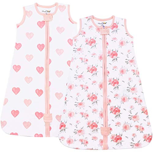 Baby We le Blanket, 0.5 TOG Organic Cotton Sleep Bag, Swaddle Transition Sleeping Sack with 2-Way Zipper, Small (0-6 Month), Roses/Hearts