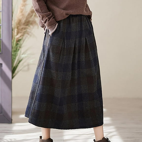 AUNVITO Women's Vintage Plaid Woolen Skirt High Waist Mid-Length Winter Blue/Purple Casual Fashion