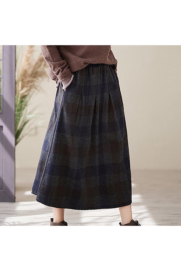 Women's Vintage Wool Plaid Skirt Spring Summer Casual Trendy Plus Size High Waist Flowy A Line Flared Skirts with Pockets Blue XL