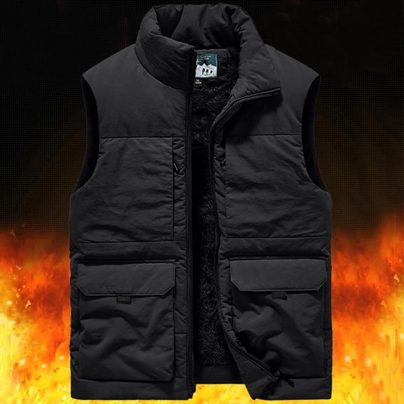 WIZUTIZ Men's Thermal Vest Solid Color Zip Multi-Pocket Stand Collar Fleece Lined Thick Sleeveless Jacket for Winter Spring Outdoor Work Daily Wear