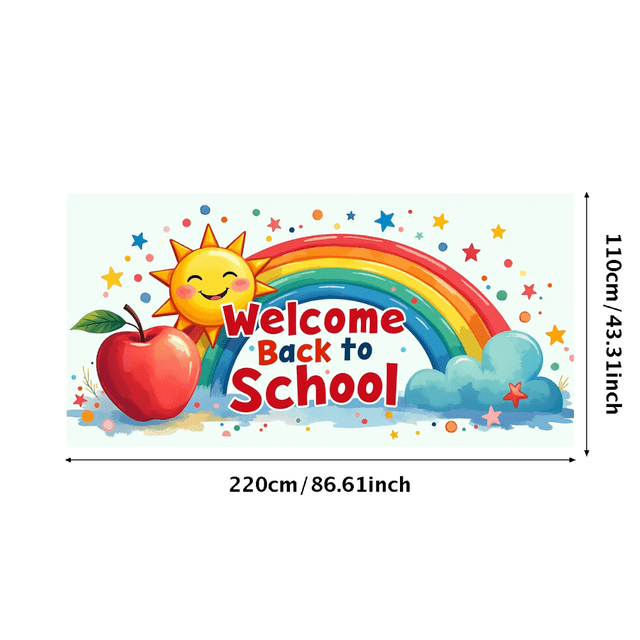 Colorful Welcome Back to School Banner, with Sun Apple Pencils and Rainbows, Backdrop for School Opening Party Classroom Decorations School Events Photography Props