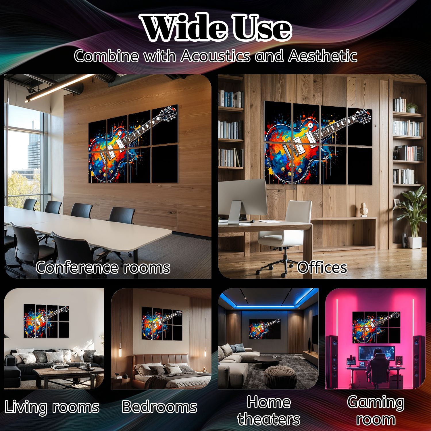 Musical 8 Pack Art Acoustic Panels Sound Absorbing Colorful Electric Guitar Abstract Paint Splashes Decorative Soundproof Wall Panels Self Adhesive for Nursery Game Room Music Classroom 48"x32"