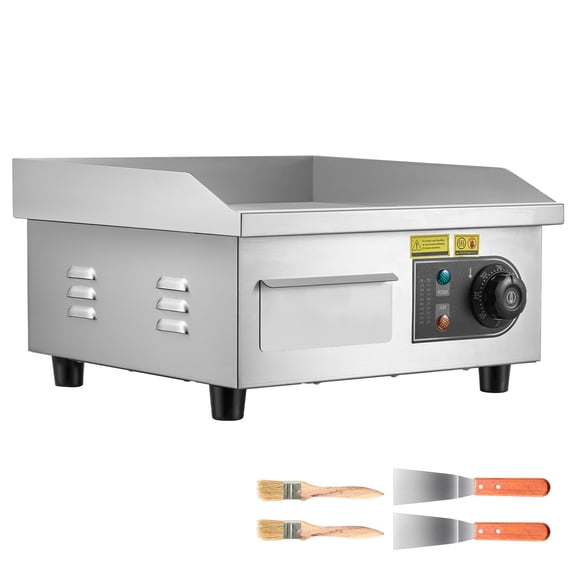 KFFKFF Commercial Electric Griddle, 13.98 x 11.81 inch, 1750W, Adjustable Temperature 122-570°F, Stainless Steel Flat Top Grill with Spatulas and Brushes, Ideal for Cooking Steak, Pancakes, and Squid