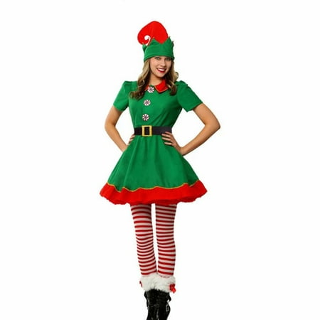 Holiday Elf Costume Dress with Hat,Elastic Belt,Leggings,Elf Costumes for Women