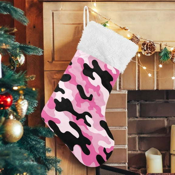 RMDQTR Christmas Stockings for Xmas Gifts - Large Size Festive Holiday Decor for Family Pink and Black Camouflage Pattern