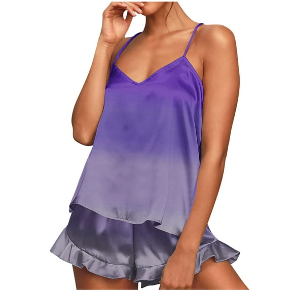 Kaemgyyd 2 Pieces Silk Pajamas Sets for Women Satin Ruffle Hem Shorts and Sleeveless Camisole Tops Lounge Gradation Sleepwear