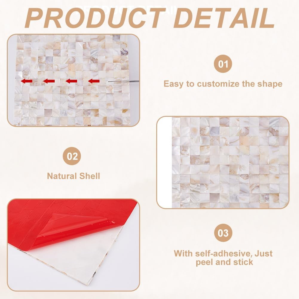 2 Sheets Mother of Pearl Peel and Stick Backsplash Mosaic Shell Renter Friendly Backsplash Self Stick Paper Wall Tiles for Kitchen Bathroom Bedroom Wall Art Decor 11.8inch(30cm) Mixed Color