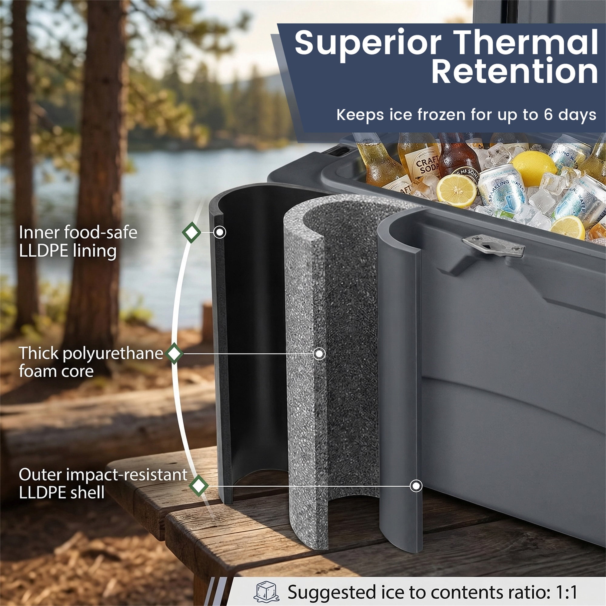 ELLEGNT 45 Quart Hard Cooler - Portable Ice Chest, 6‑Day Ice Retention, Gray