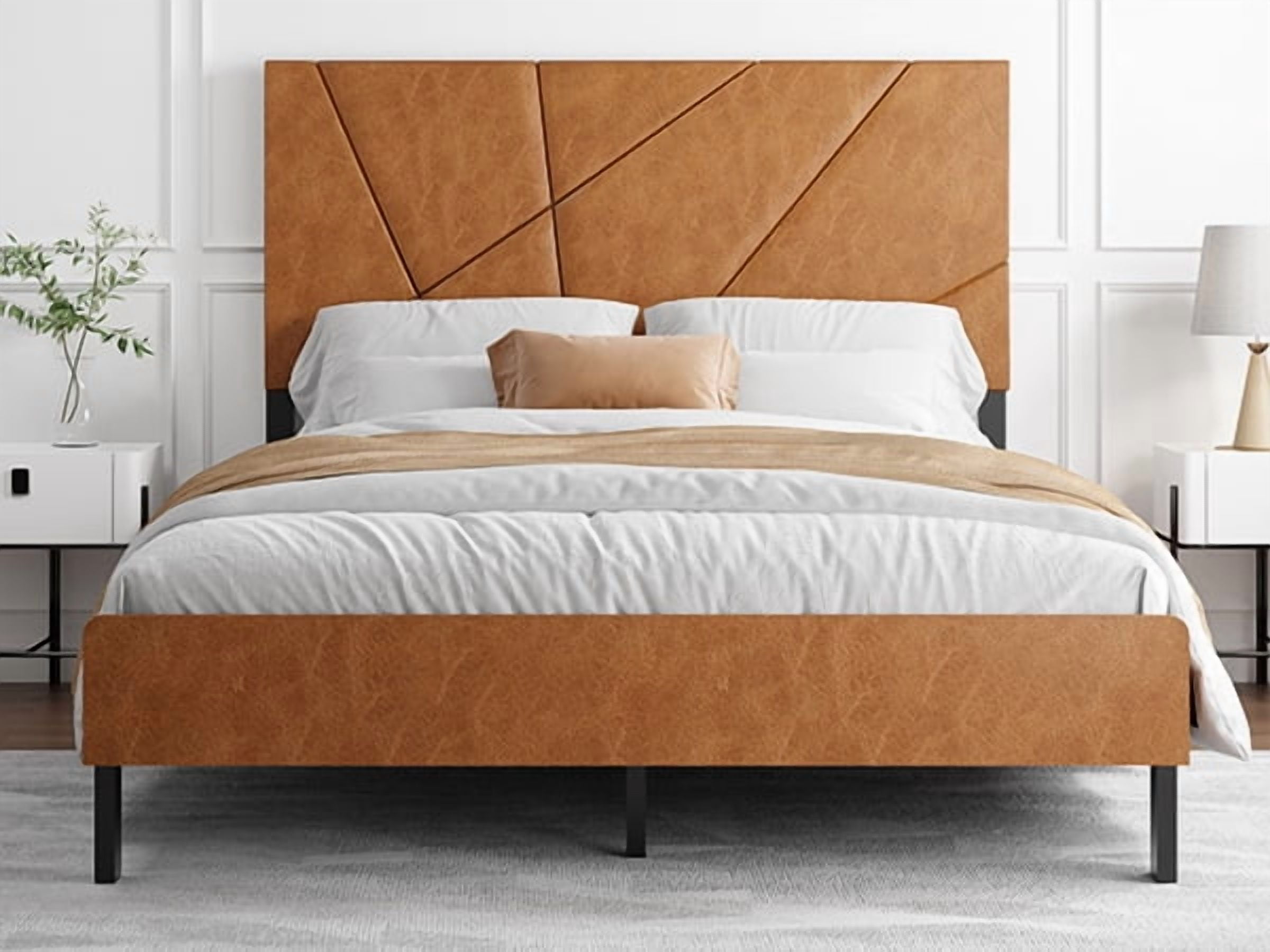LiviNest Upholstered Bed Frame Queen Size - Modern Platform Bed with Leather Headboard & Metal Frame for Adults Bedroom - Easy Assembly No Box Spring Needed High Weight Capacity