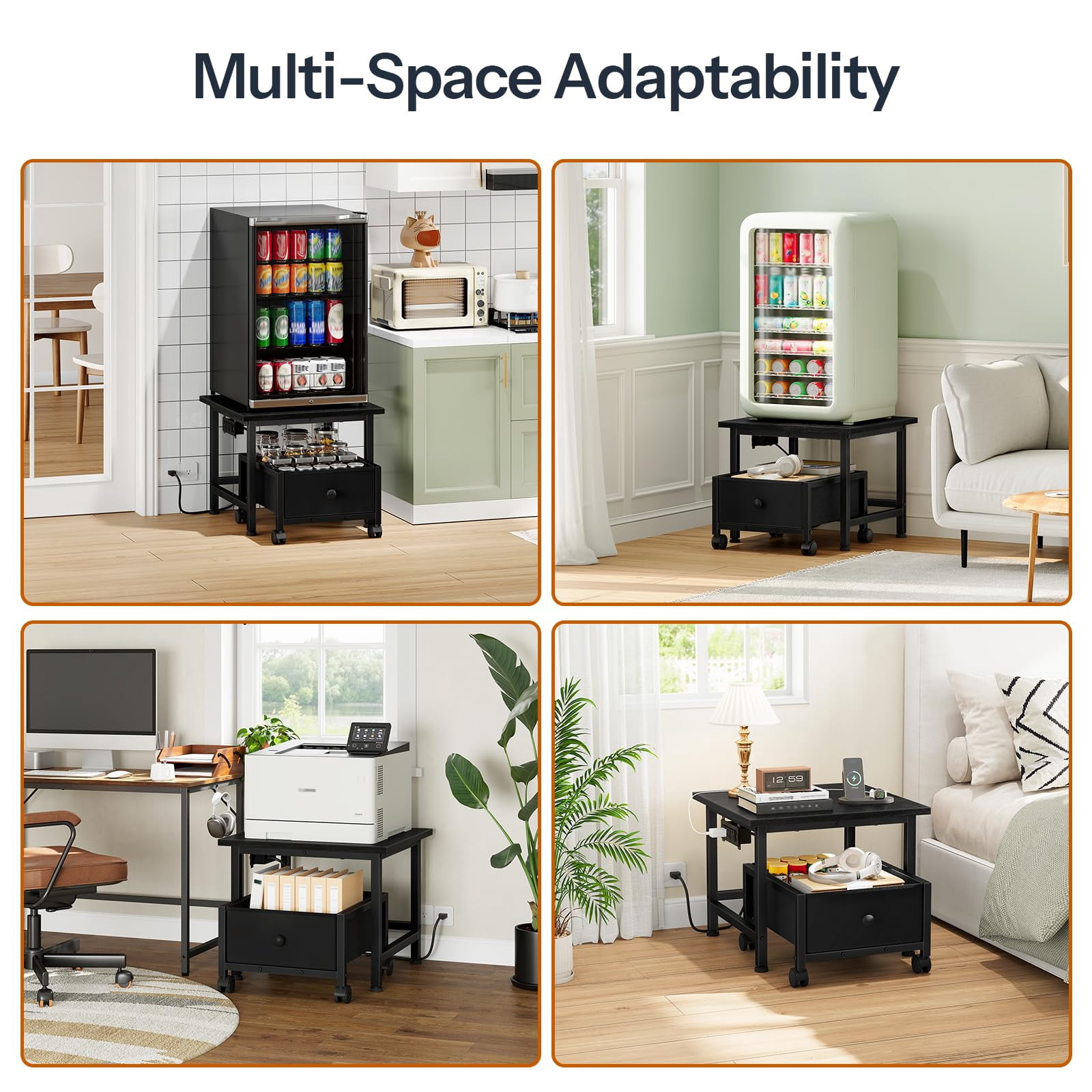 HOOBRO Mini Fridge Stand with Non-Woven Storage Basket and Power Outlet, Mini Fridge Cabinet with Wheels and Adjustable Feet, Mobile Fridge Shelf, for Home, Apartment, Dorm, Black BB355UBX01