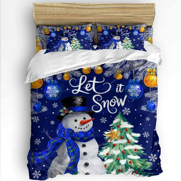 Dark Blue Christmas Snowman King Size Comforter Set, Pine Tree Xmas Balls Holly Snowing Bedding for All Seasons, 4 Pcs Bed Set with 1Comforter (90"x106") ,1 Sheet(94"x116"), 2 Pillowcases (19"x35")