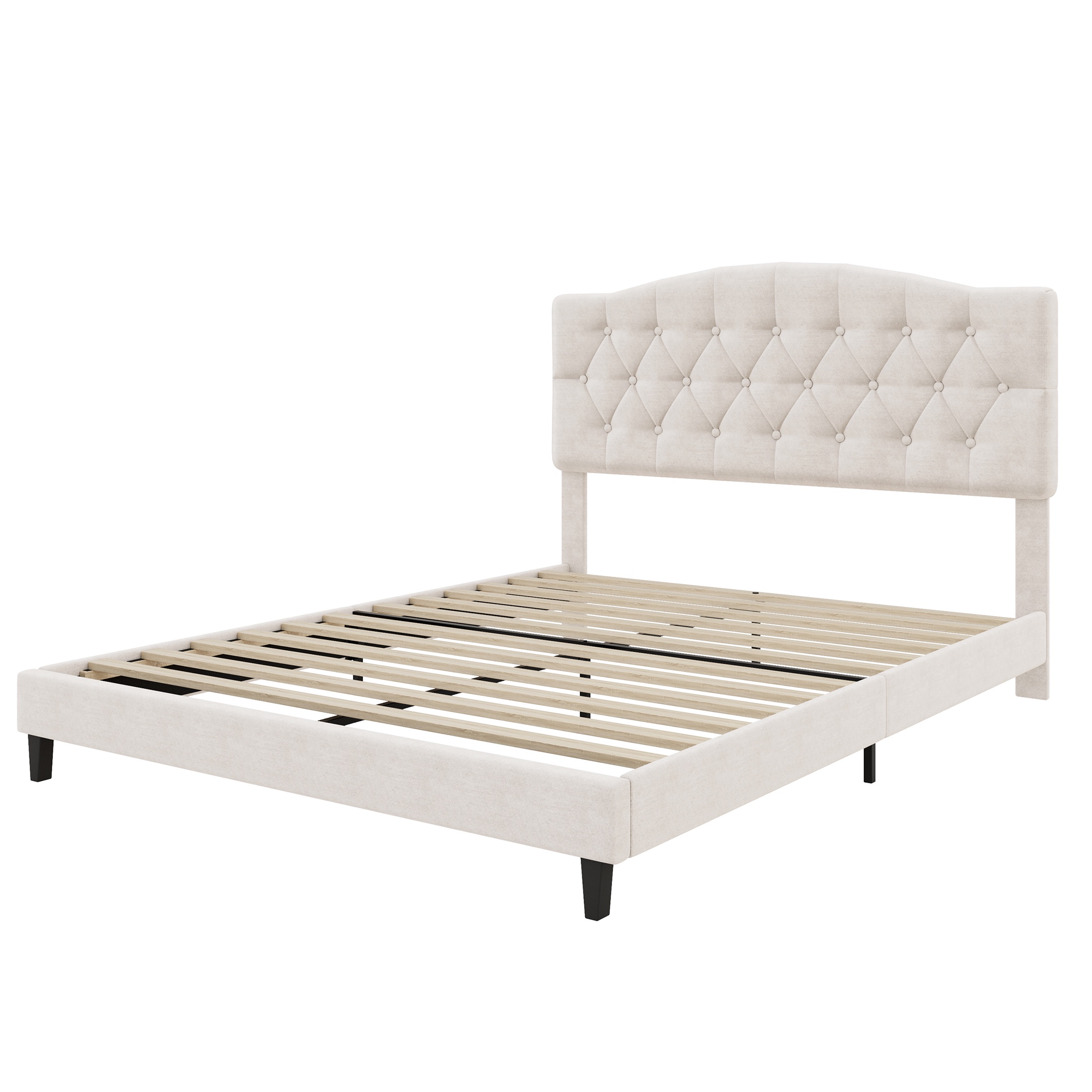 PORKISS Queen Size Linen Bed Frame with Upholstered Button Tufted Adjustable Headboard, Platform Bed with Wooden Slats Support, Holds 800lbs, Beige