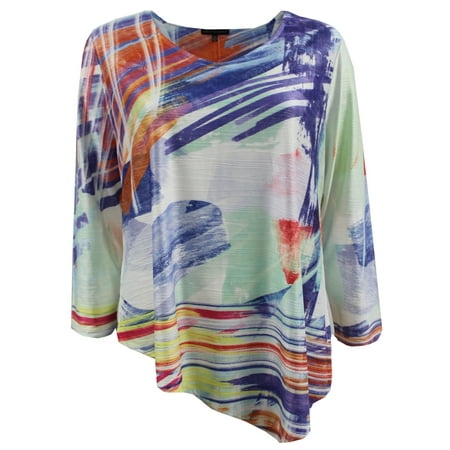 Abstract Blouse - Plus Size Woman Multi Color Abstract Design Long Sleeve Blouse T Shirt Knit Top Blue 1X (17025)