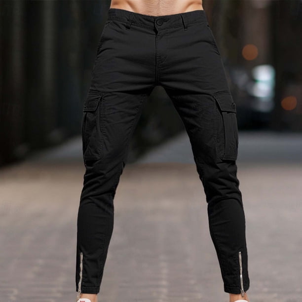 Pantalones largos para hombre, moda informal, color liso, botones, cremallera, bolsillo, ropa de trabajo, pantalones, blusa y pantalones de poliéster para hombre