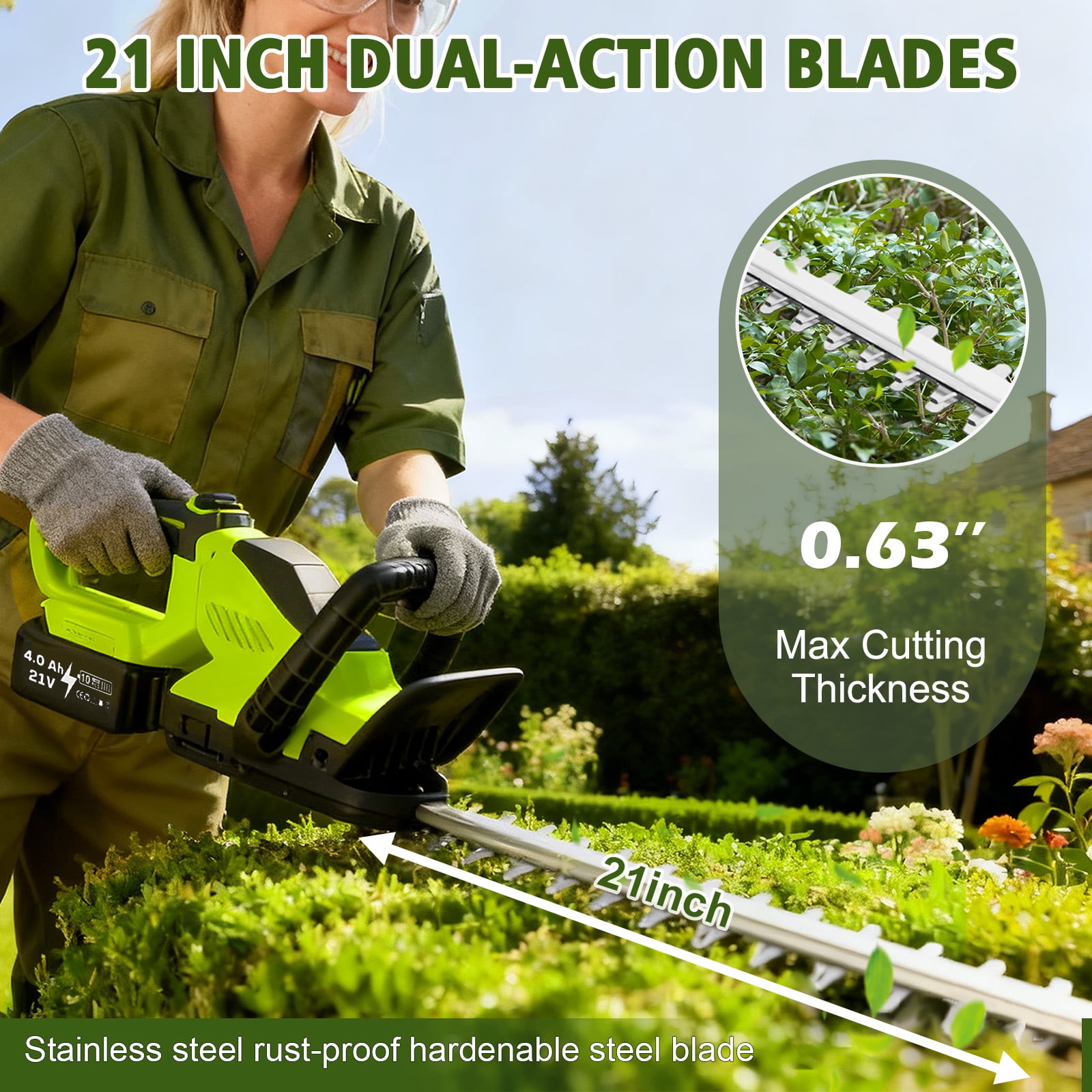 CATGOOD 21V Cordless Hedge Trimmer, Dual Action Blade Electric Bush Shrub Trimmer, Battery and Charger Included, Blue