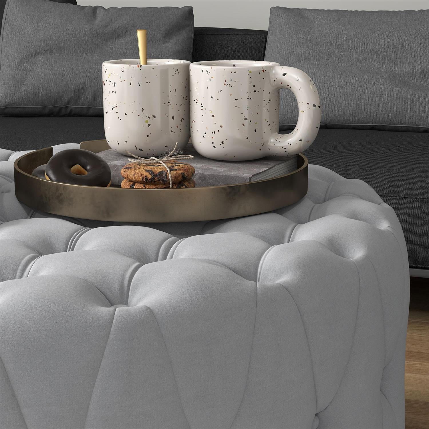 Demi Bonn 31" Coffee Table Ottoman with Velvet Upholstery, Button Tufted Design & Padded Seat for Living Room, Durable Wood Construction, Light Gray