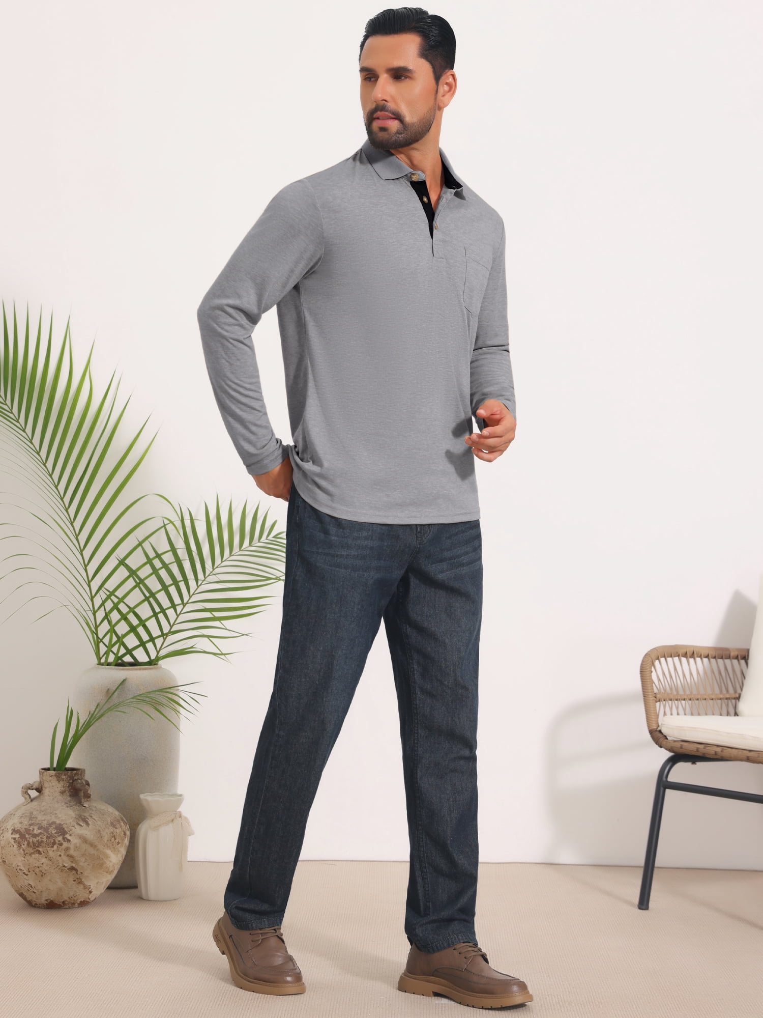 DARING DIVA Men's Contrast Button Collared Long Sleeves Golf Polo T-Shirts XL Light Gray