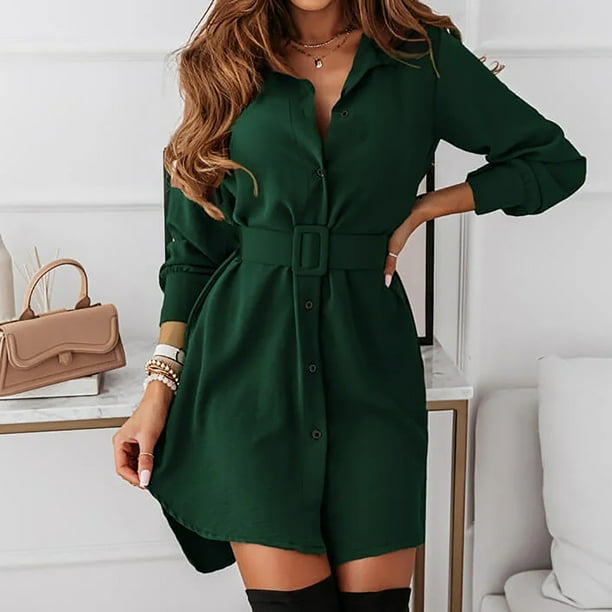 Vestido de cinturón de manga larga de un solo pecho de color