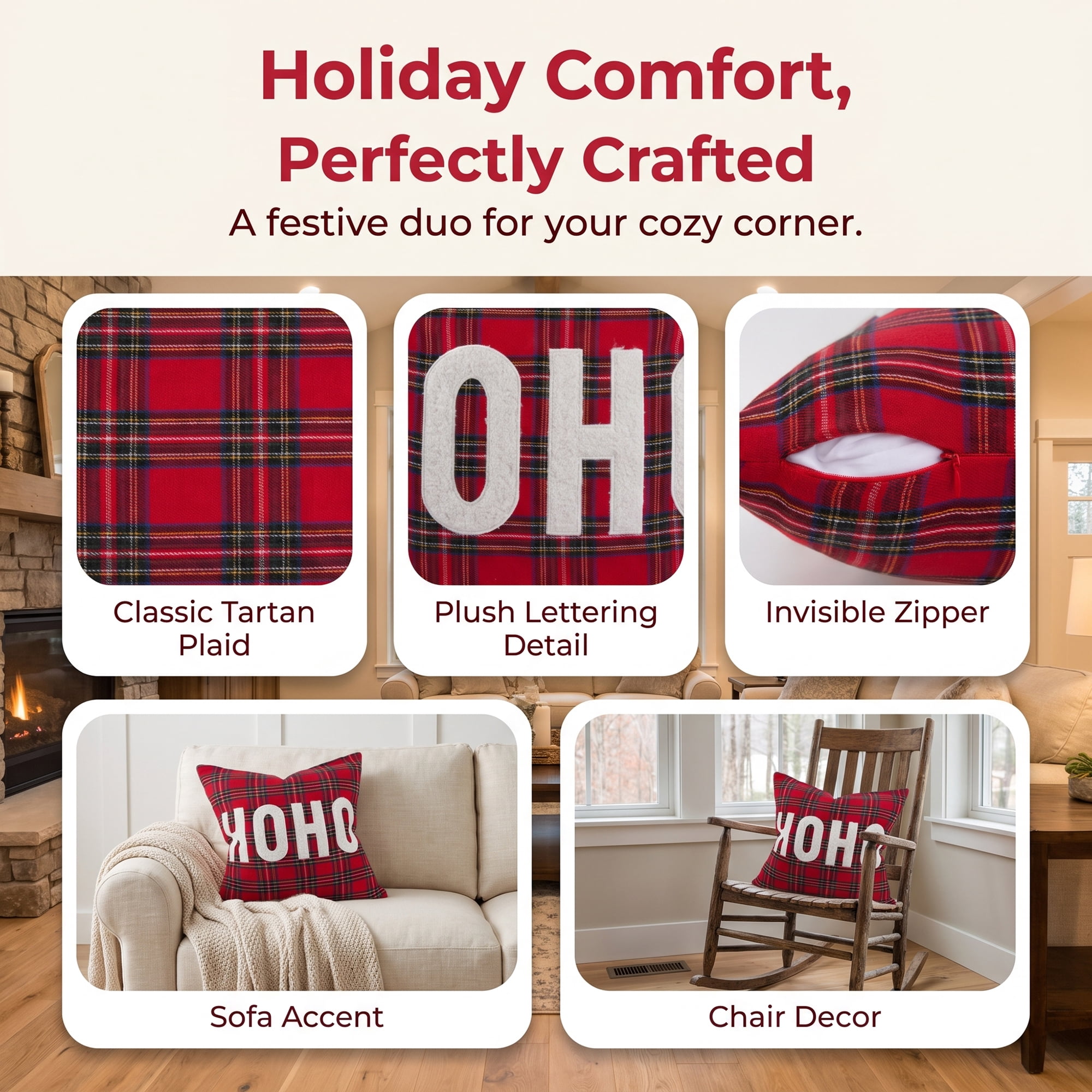 Unique Bargains Plaid Throw Pillow Covers Tartan Cushion Cases Red Plaid HoHoHo 18"x18"