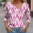 thumbnail image 2 of Kilaqueen Breast Cancer Awareness Shirts for Women Long Sleeve Oblique Collar V Neck Pink Ribbon Print October Tops for Going Out, 2 of 5