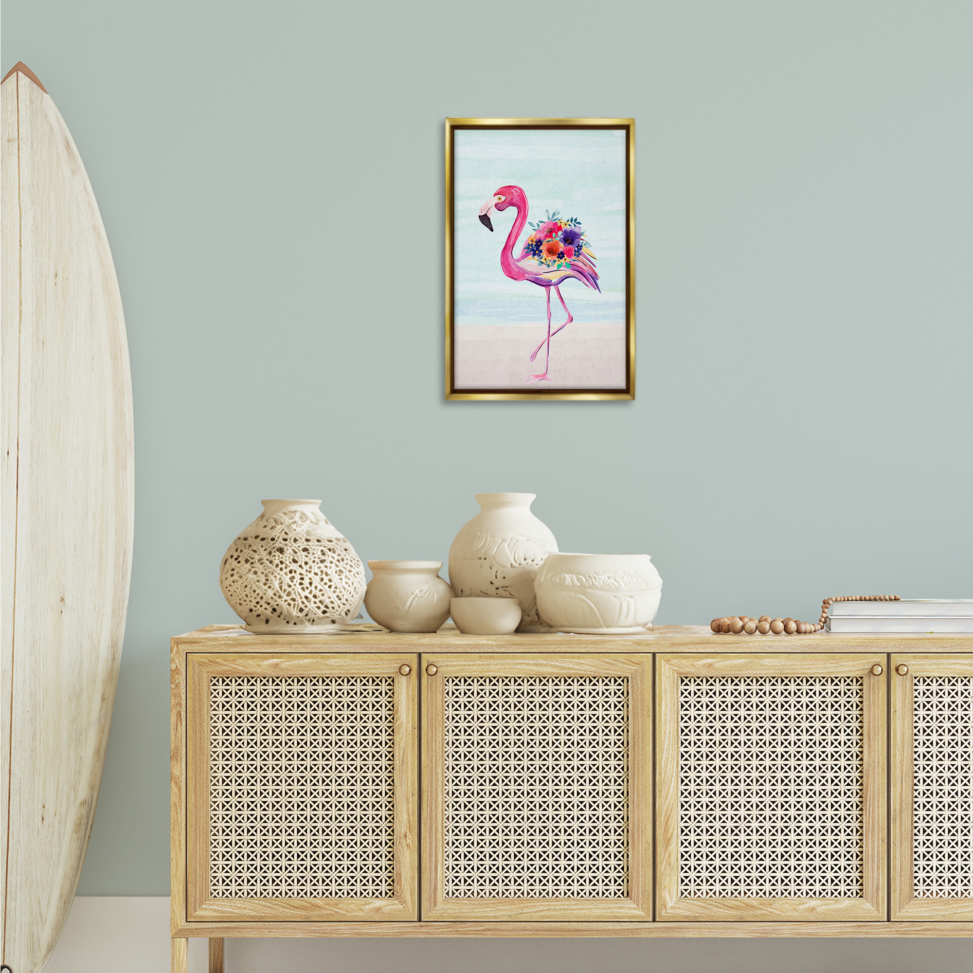 Stupell Industries Floral Flamingo Beach Plants & Flowers Painting Gold Floater Framed Canvas Art Print Wall Art, 17 x 25