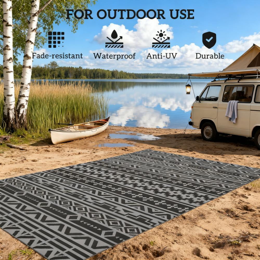 6' x 9' Black & Gray Geometric Wall Reversible Outdoor Rug, Waterproof Plastic Straw Patio Rug, Foldable Portable RV Camping Mat with Carry Bag