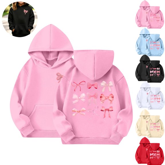 Mfakffe Girls Hooded Sweatshirt Cute Bow Print Long Sleeve Pullover Hoodie Casual Loose Fit with Front Pocket for Spring Fall