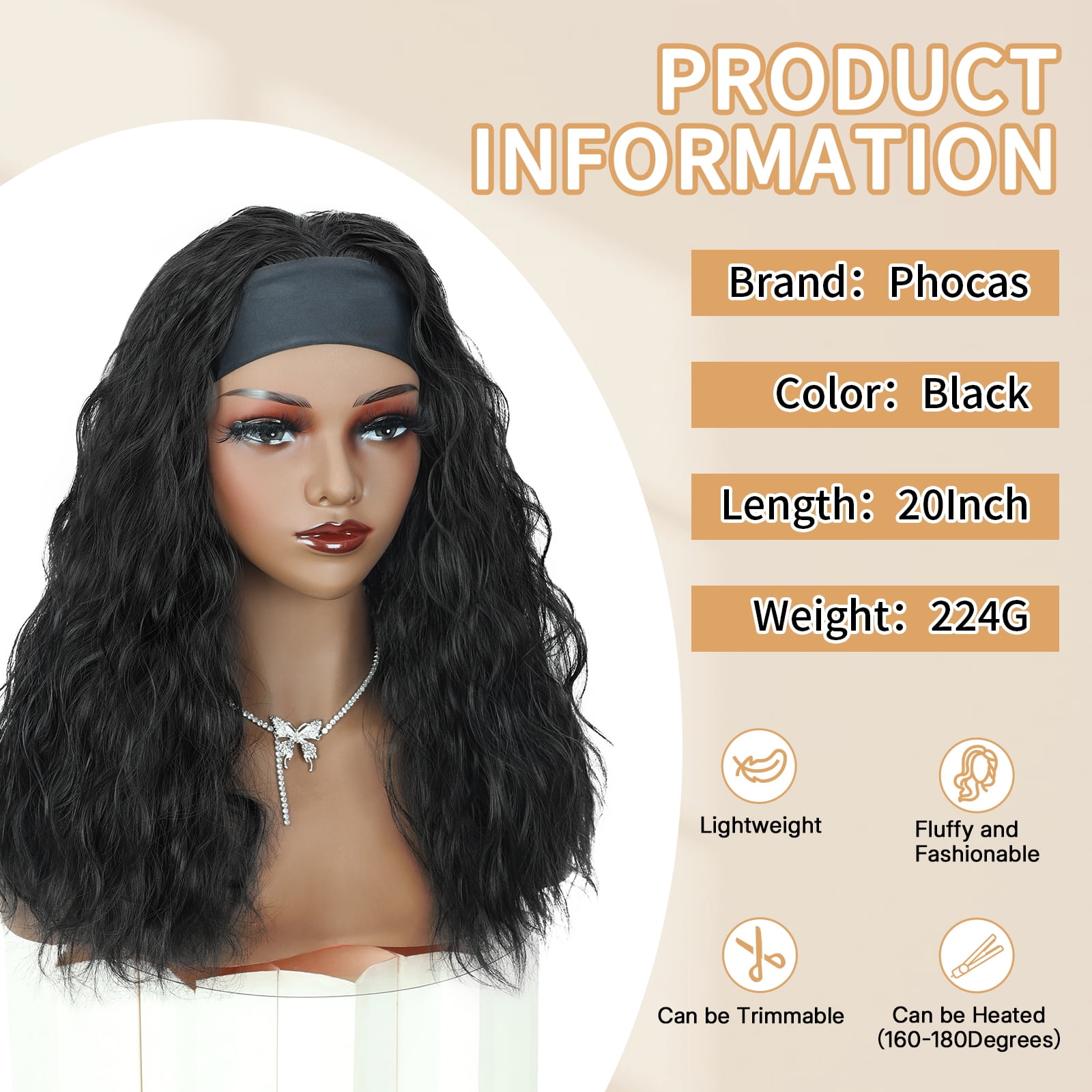 Phocas Long Black Headband Wig for Women，20inch Synthetic Realistic Wavy Wig no Bangs