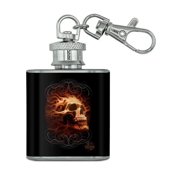 Flaming Fire Skull Design Stainless Steel 1oz Mini Flask Key Chain