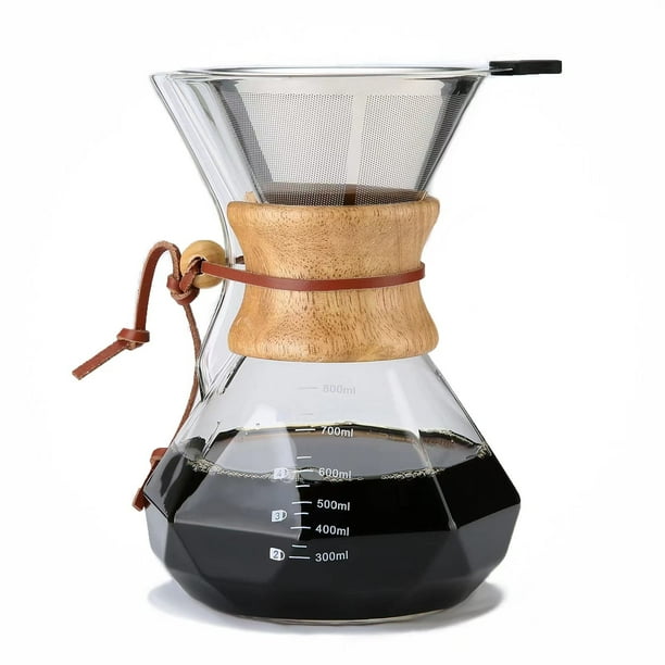 Lalord Cafetera para verter con filtro reutilizable de acero inoxidable, jarra de café de vidrio de borosilicato de 27 oz, cuello de madera, jarra para cafetera, capacidad para 4-6 tazas, 800 ml, tran