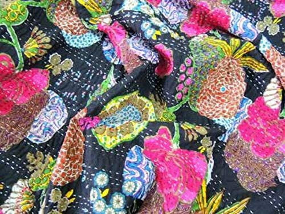 Indian Handmade Floral Print Kantha Quilt, Bedspread , Blanket Size ( Single 60" x 90" )