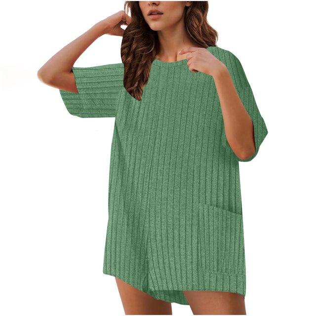 Casual Jumpsuits for Women Summer Clearance Summer Rompers for Women 2025 Oversized Casual Ribbed Short Sleeve T-Shirt Jumpsuit Wearing Both Front and Back Overalls with Pockets New Green M