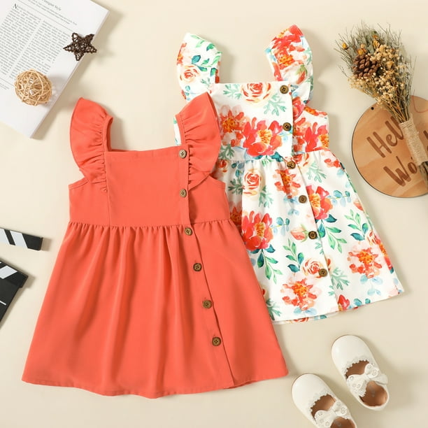 PatPat Toddler Girl Floral Print Coral Red Square Neck Button