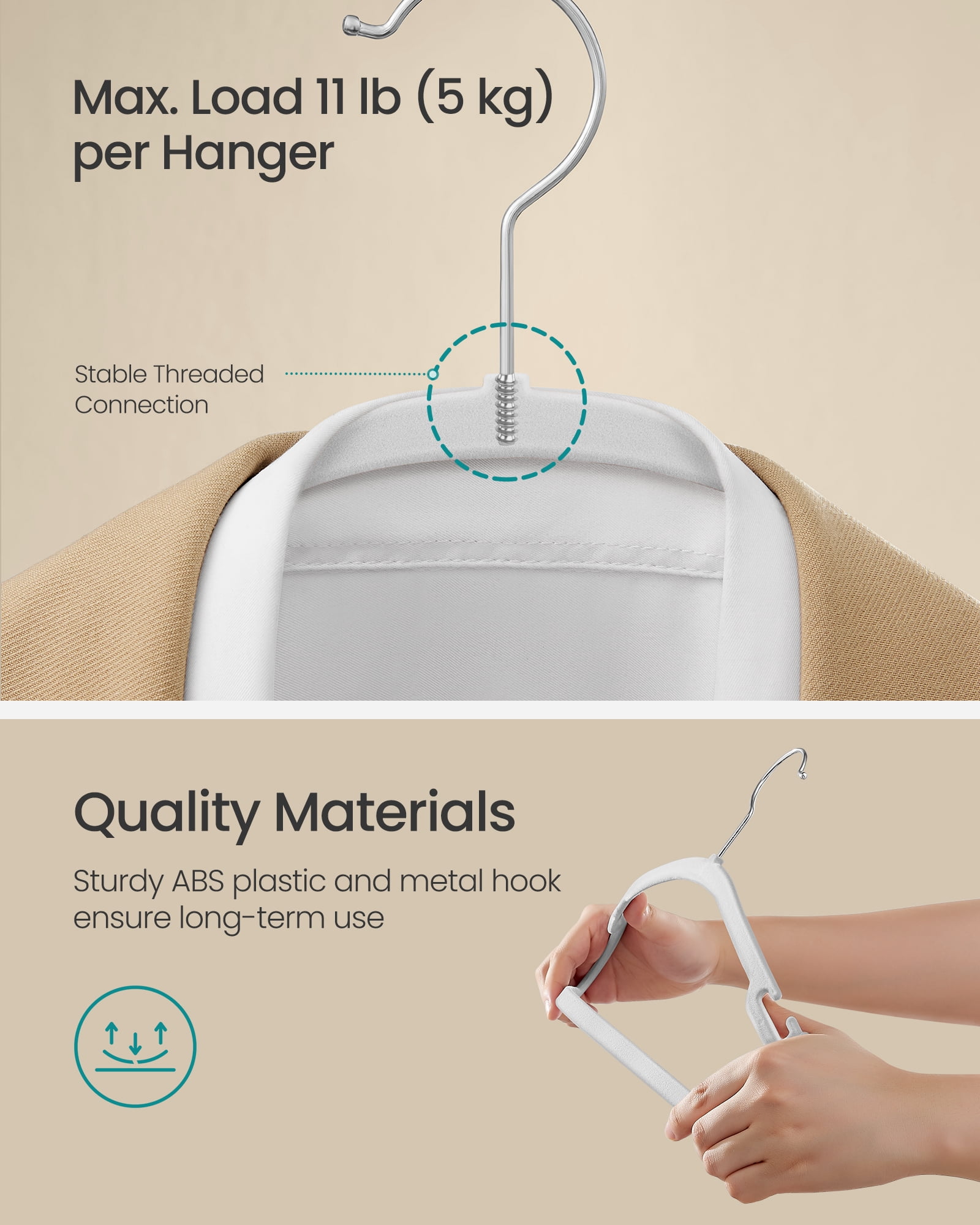 Velvet Hangers 50 Pack, Non-Slip Clothes Hangers, 17 x 8.3 Inches, Coat Hangers with Wide Shoulder Notches, Pants Bar, 360° Swivel Hook, Space-Saving, for Closet, Cloud White