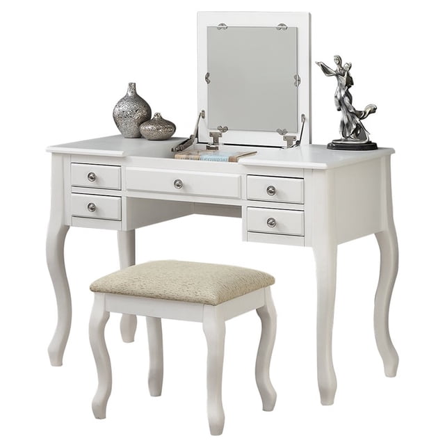 Poundex Ensemble de Coiffeuse en Bois avec Tabouret et Miroir en Blanc