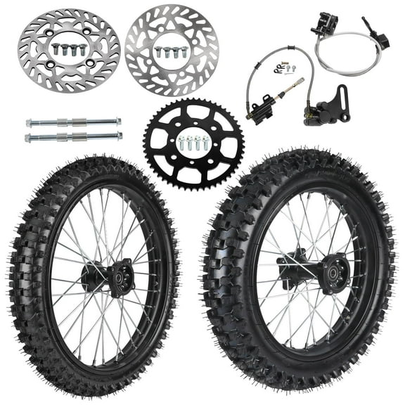 Front 70/100-17 inch and 90/100-14 in Rear Wheel Tire with Rim 15mm Bearing & Brake Assembly Kit 420 53T Sprocket for Dirt Pit Bike Taotao Apollo SSR 110cc 125cc 140cc 150cc KX85 YZ85