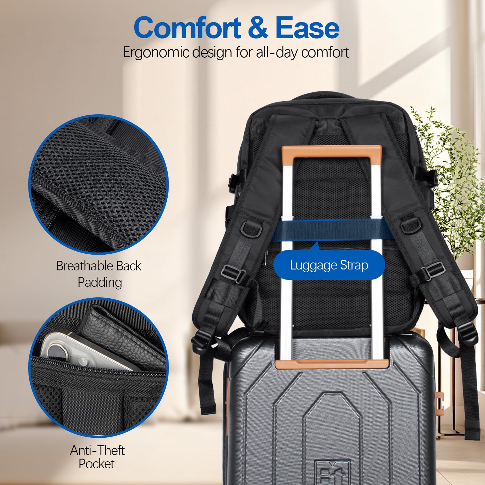 Fenbeli Expandable Travel Laptop Backpack, Fits 15.6-Inch Laptop, Water-Resistant Backpack with USB Charging Port, Anti-Theft Pocket & Luggage Strap