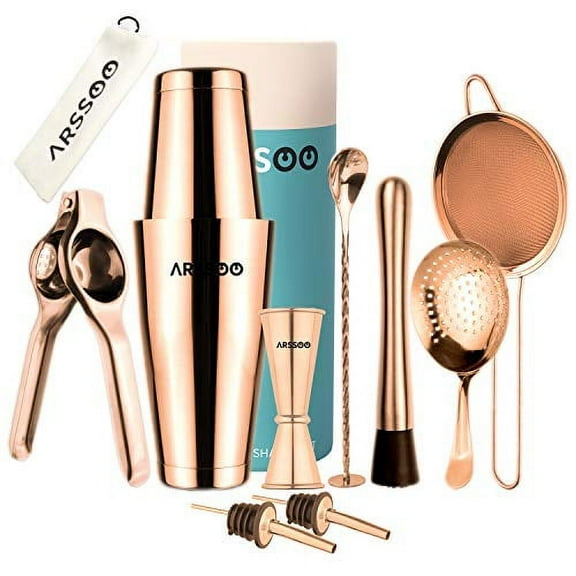 Bartender Kit 11-Piece Stainless Steel Cocktail Shaker Set | Perfect Home Professional Bar Tools, 27/20 OZ Weighted Boston Shakers, Lemon Squeezer, Strainer (Julep, Mesh) | ARSSOO Bar Set (Rose Gold)