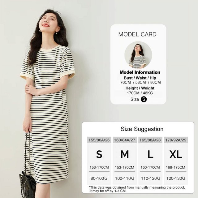 RWJDXD Vimly Simple Robe d'Été à Manches Courtes Rayée 2024 Col Rond Décontractée Droite Ample Midi pour Femmes M6823