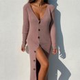 thumbnail image 3 of Robe Chandail Longue en Tricot à Col en V Profond pour Femmes avec Boutons, Manches Longues, Robe Maxi, 3 of 6